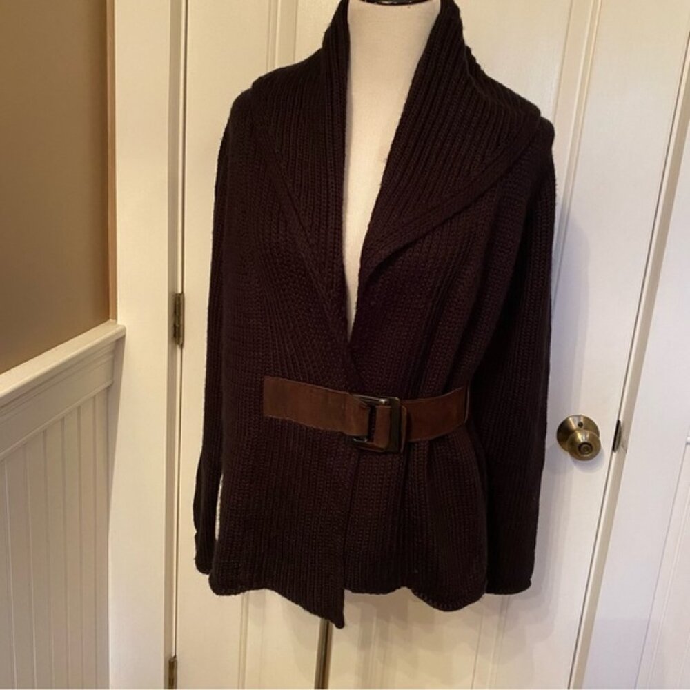 SOFT SURROUNDINGS SWEATER CARDIGAN BLACK SHAWL COLLAR ATTACHED BROWN BELT L